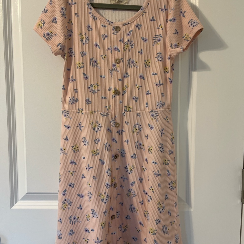 Btween Girls Floral Ribbed Button Front Dress Size 8 Pink Short Sleeve